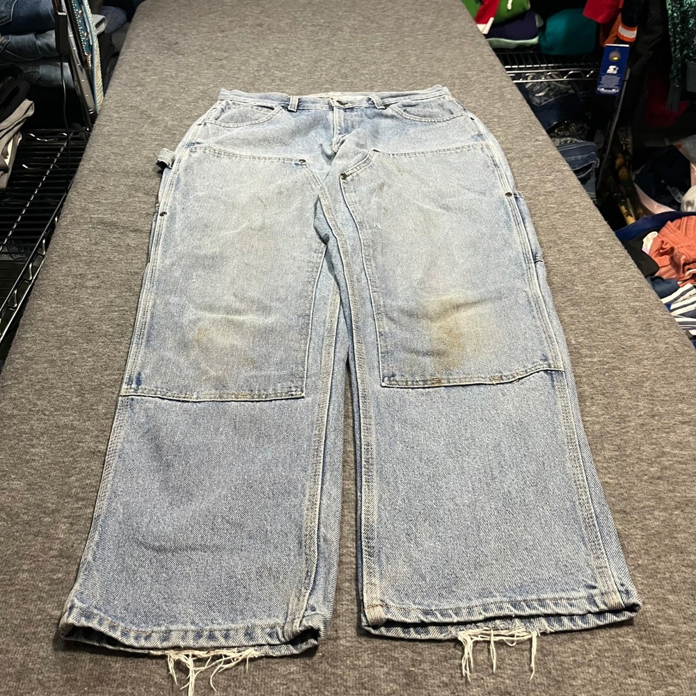 Lakin McKey Double Knee Jeans Mens 33x30 Light Wash Distressed Vintage Y2K Denim